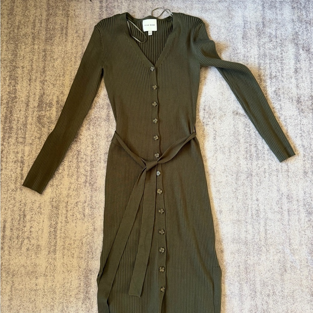 Pink Rose Olive Green Ribbed Button-Front Long Sleeve Dress